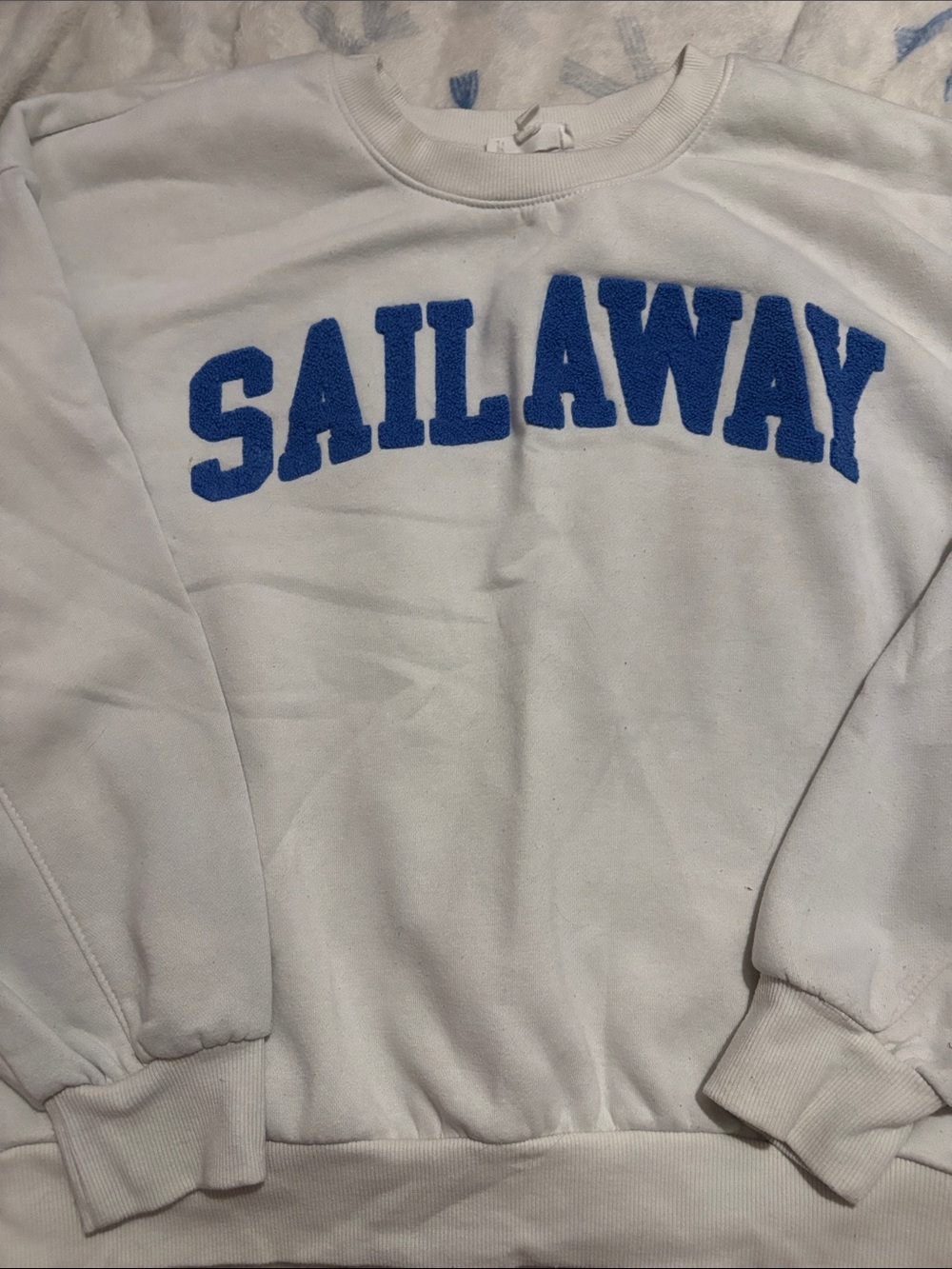 Pink Rose White Crewneck Sweatshirt with Blue Applique - Women